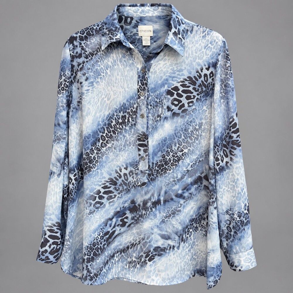 Chicos 2 Tunic Blouse Light Blue Gray Animal Print Long Sleeve Button Up Collar